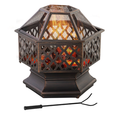 Outsunny Portable Outdoor Fire Pit Bronze Screen Cover Wood Burning Bowl Poker Patio Backyard Decor 