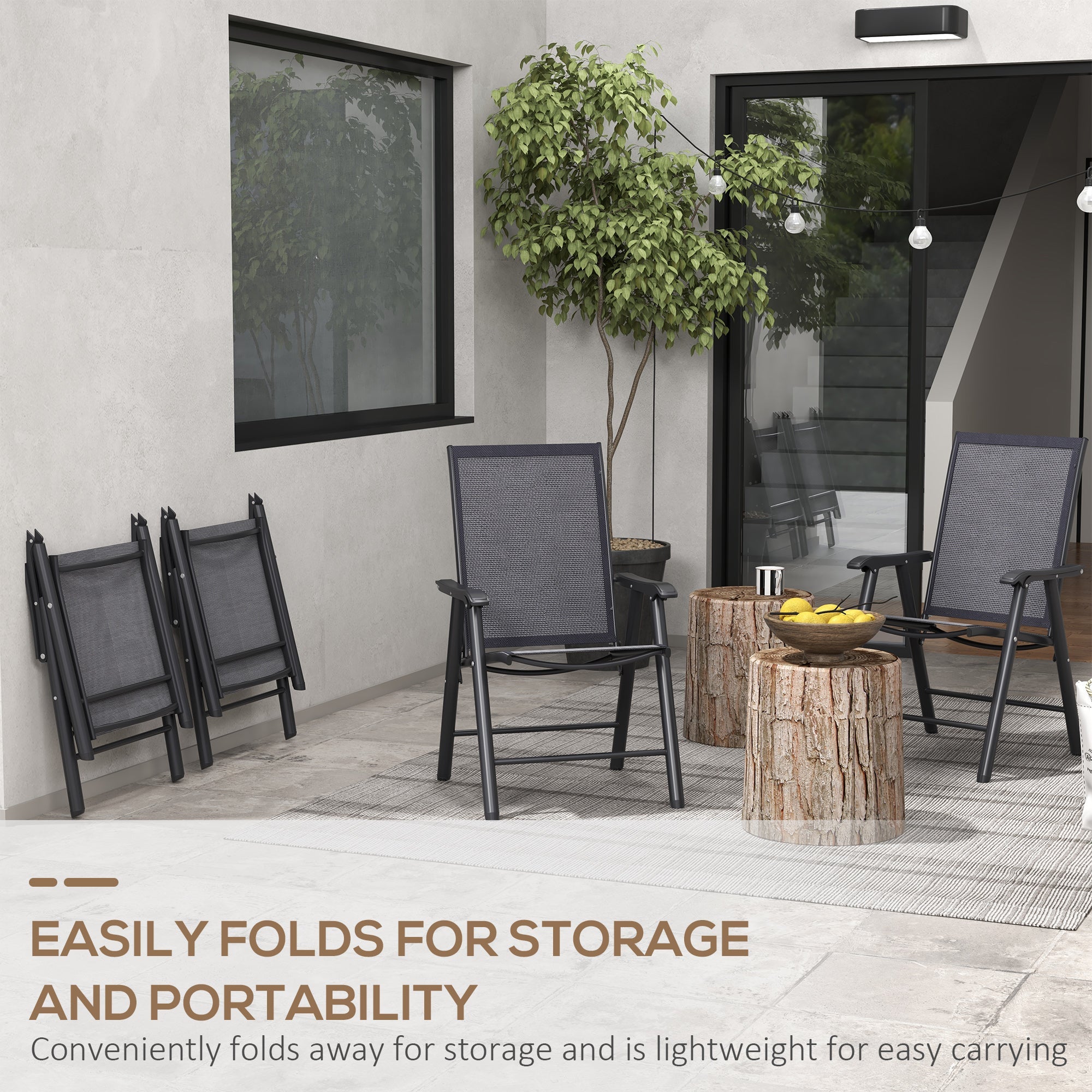 Outsunny 4-Piece Folding Chair Set for Relaxing on Patio Balcony Garden, Comfortable Outdoor Furniture with Armrests, Dark Grey 