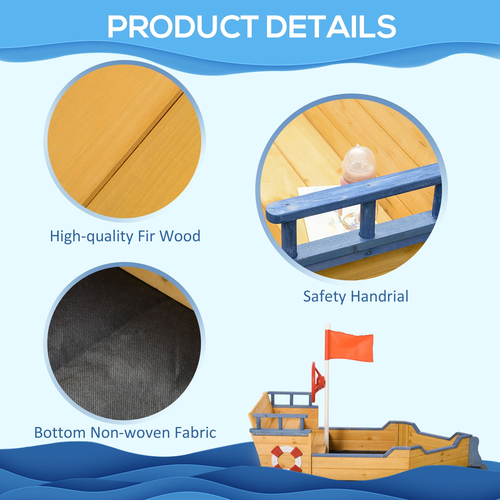 Outsunny Pirate Ship Sandbox Wooden Outdoor Playset for Kids Backyard Play Station Bench Seat Storage Flag 