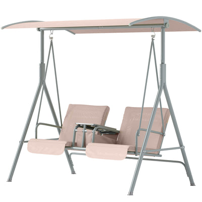 Outsunny Double Outdoor Swing Chair 2 Person Covered Swing Porch Swing w/ Pivot Table and Storage Console, Beige 