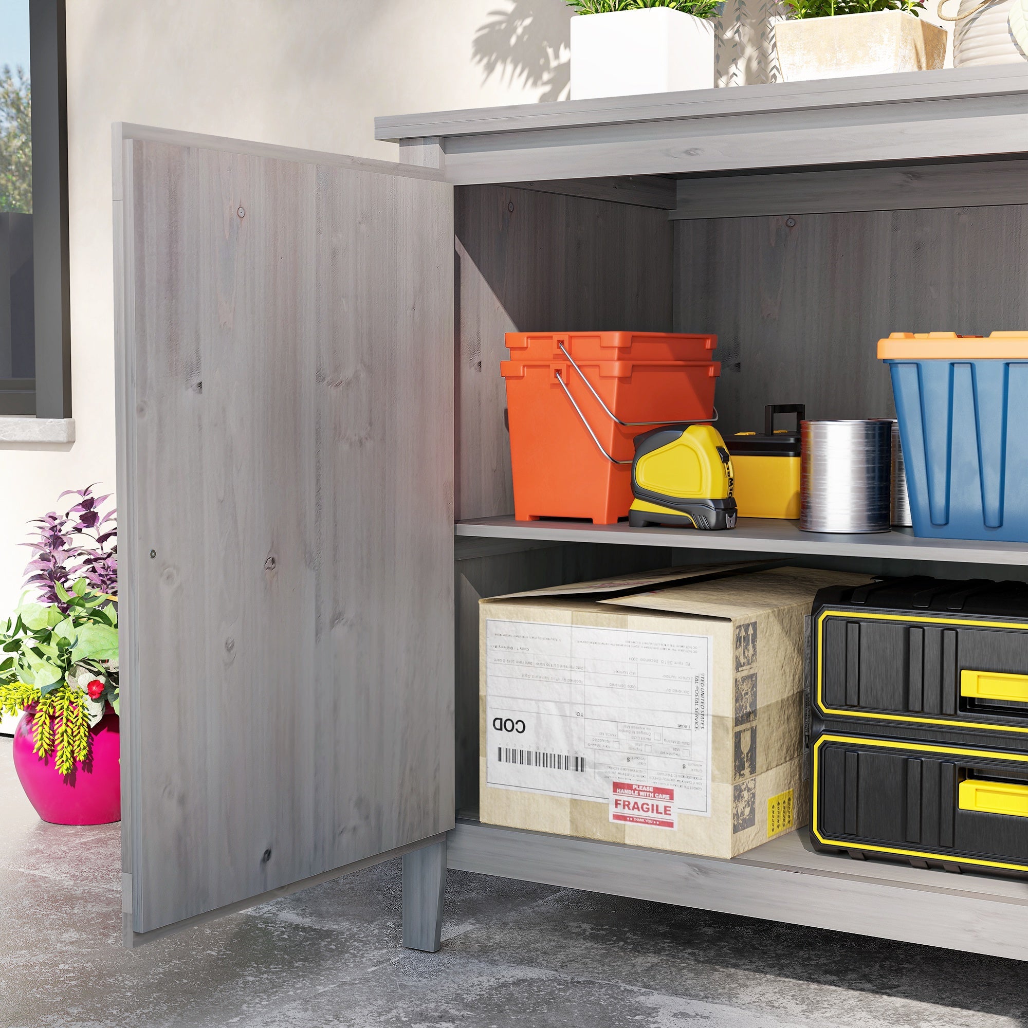 Outsunny Wooden Outdoor Storage Cabinet, Garden Shed Potting Shed with Shelf and Double Doors, Light Grey 