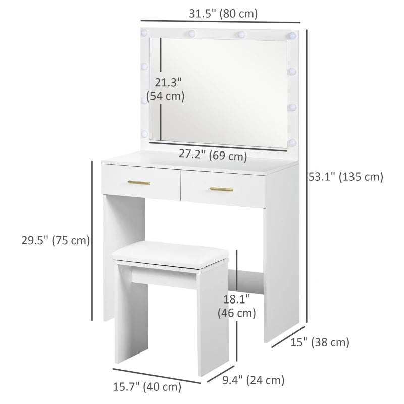 HOMCOM Makeup Vanity Desk Set with Stool, LED Lighted Mirror, 2 Drawers, Modern Dressing Table