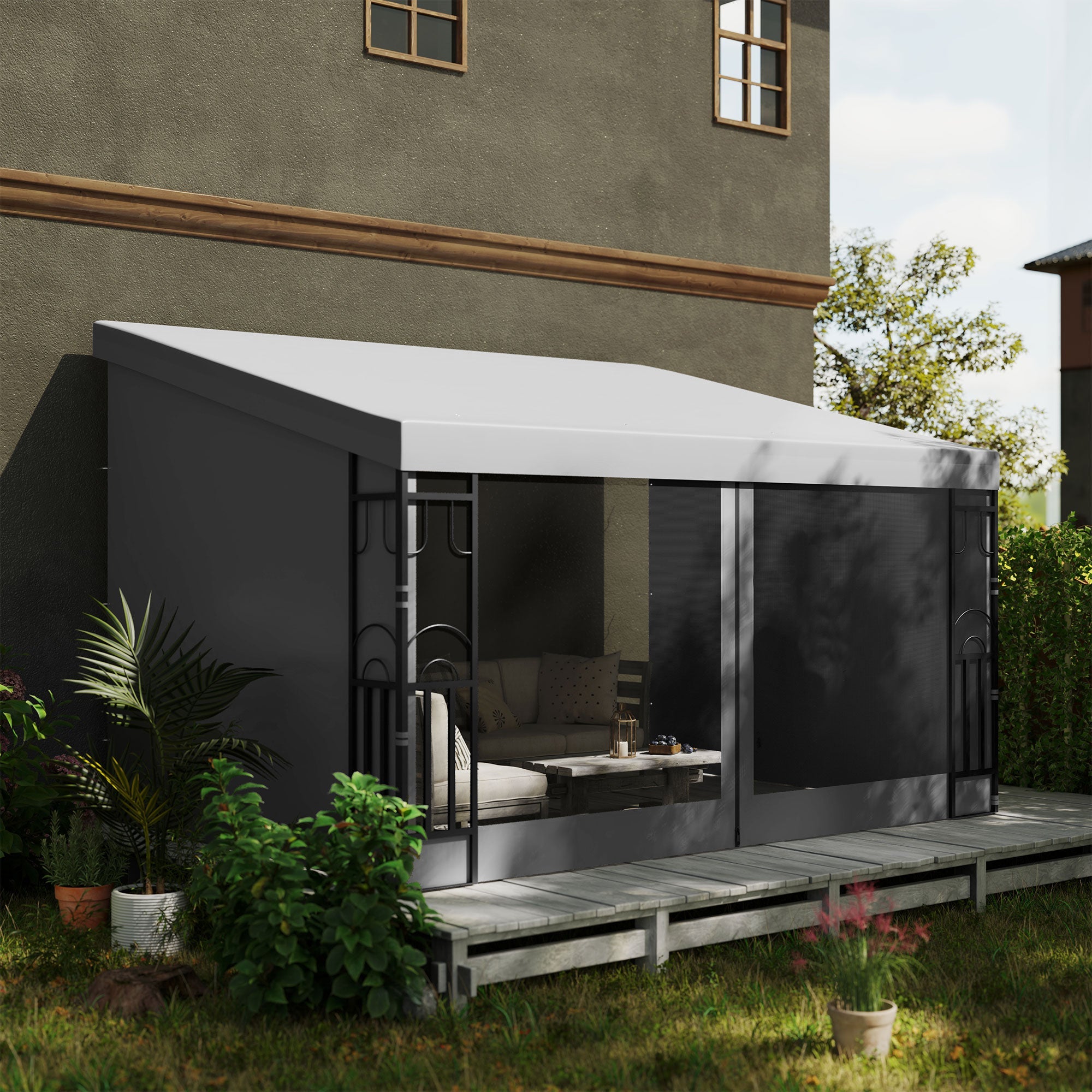 Outsunny 10' x 13' Wall Pergola, Outdoor Gazebo with 2 Curtains and 2 Nettings, UV Resistant, for Patio, Deck, Light Grey 