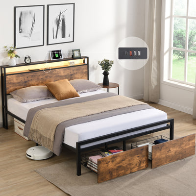 Queen Size Bed Frame with Storage Headboard, 2 Drawers, LED Lights, Charging Station, Metal Platform BedÂ 