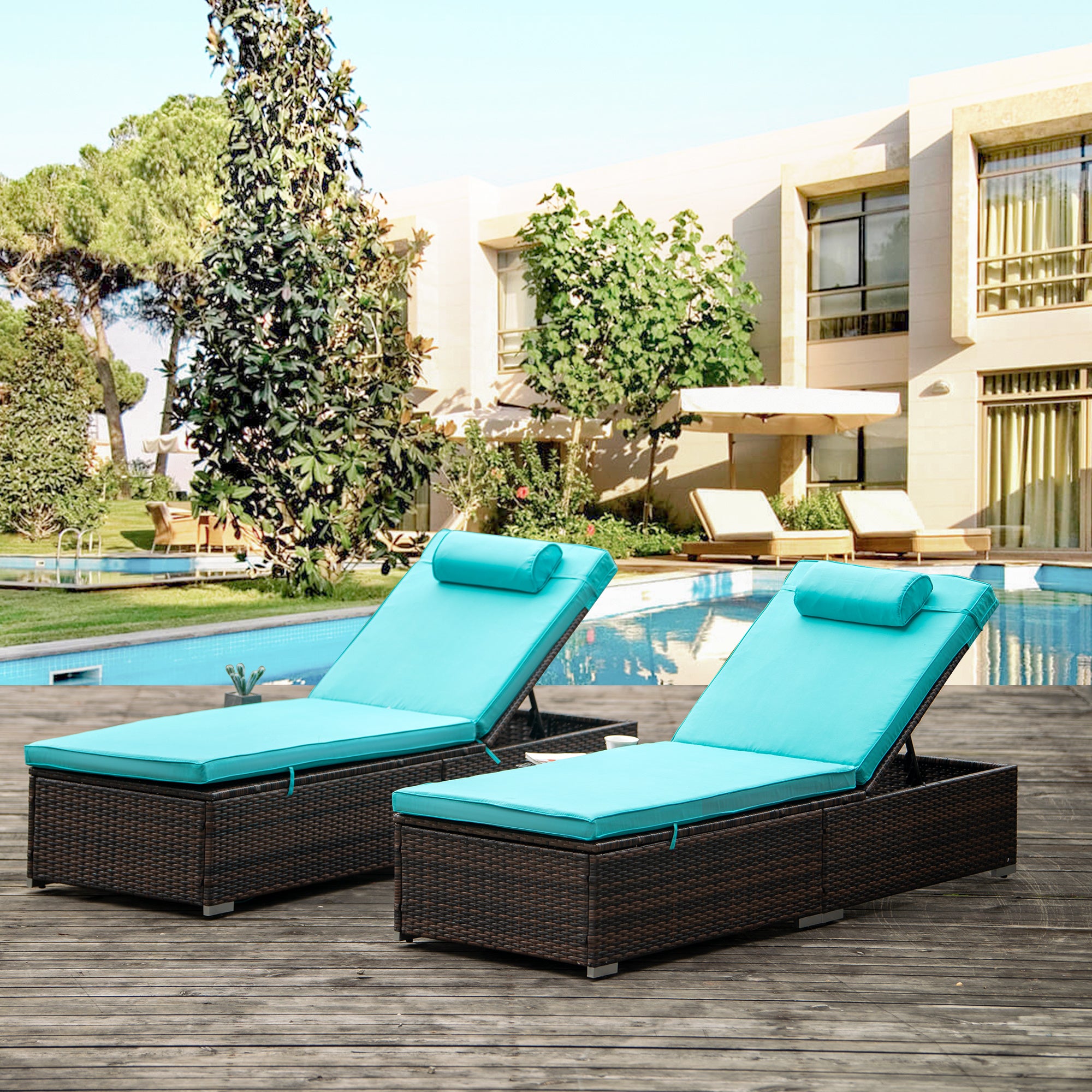 Outdoor PE Wicker Chaise Lounge - 2-Piece Patio Lounge Chair Set with Side Table