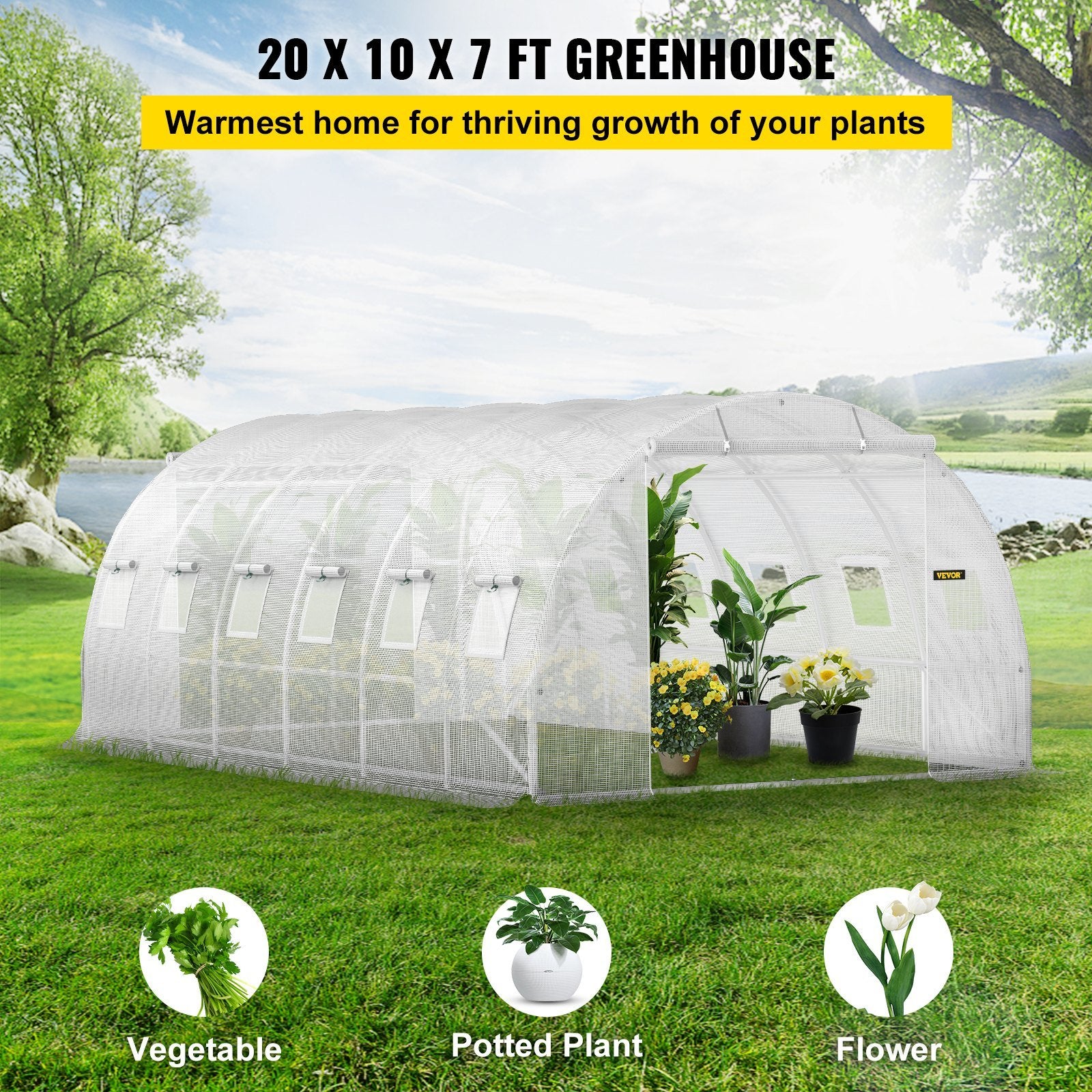 VEVOR Walk-In Tunnel Greenhouse – 20 x 10 x 7 ft Portable Plant Hot House with Galvanized Steel Hoops, Top Beams, Diagonal Poles, Zippered Doors & Roll-Up Windows