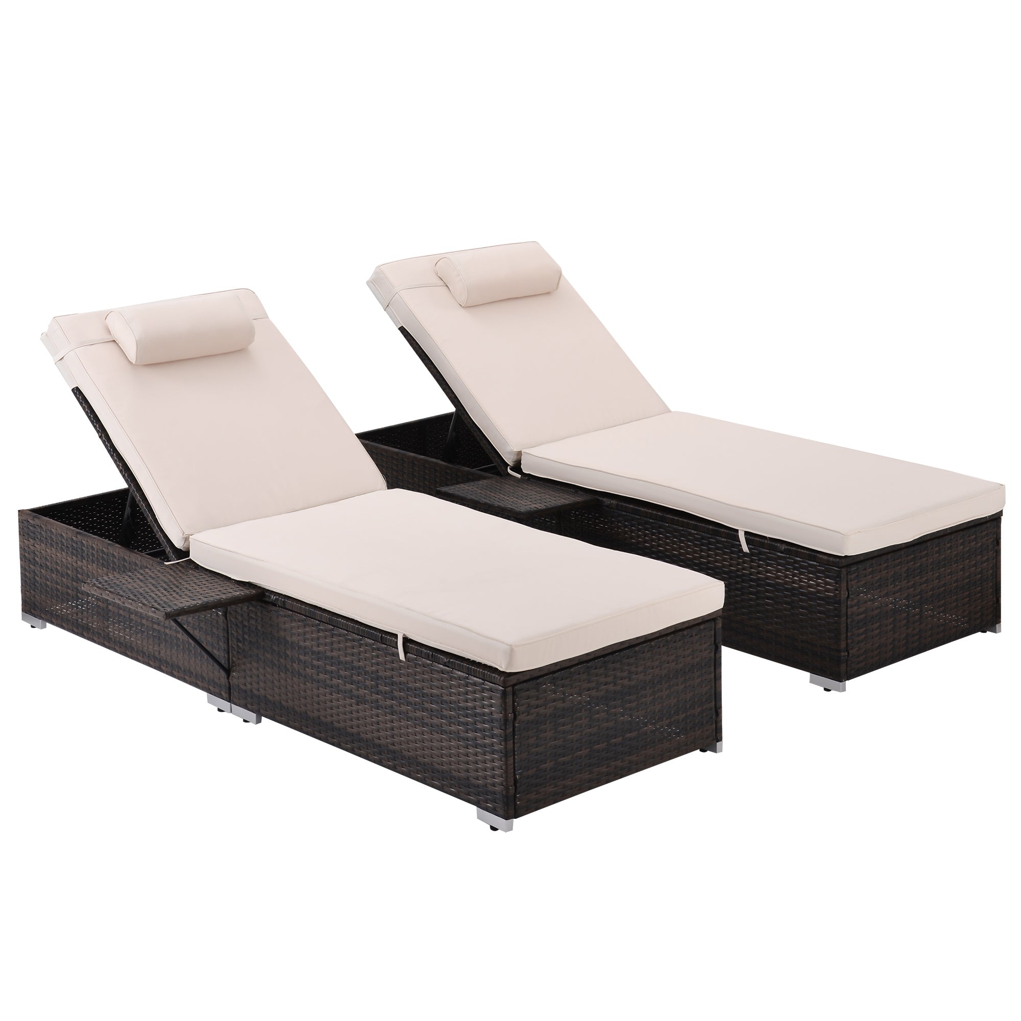 Outdoor PE Wicker Chaise Lounge - 2-Piece Patio Lounge Chair Set with Side Table