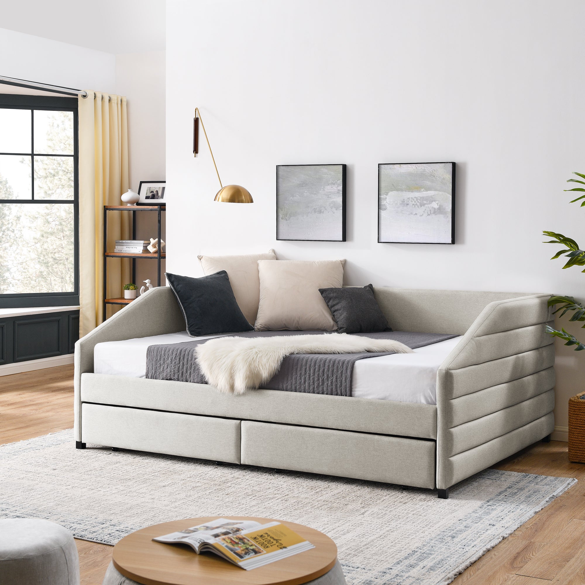 Queen Size Daybed with Drawers, Trundle, and Upholstered Tufted Sofa Bed in Beige LinenÂ 