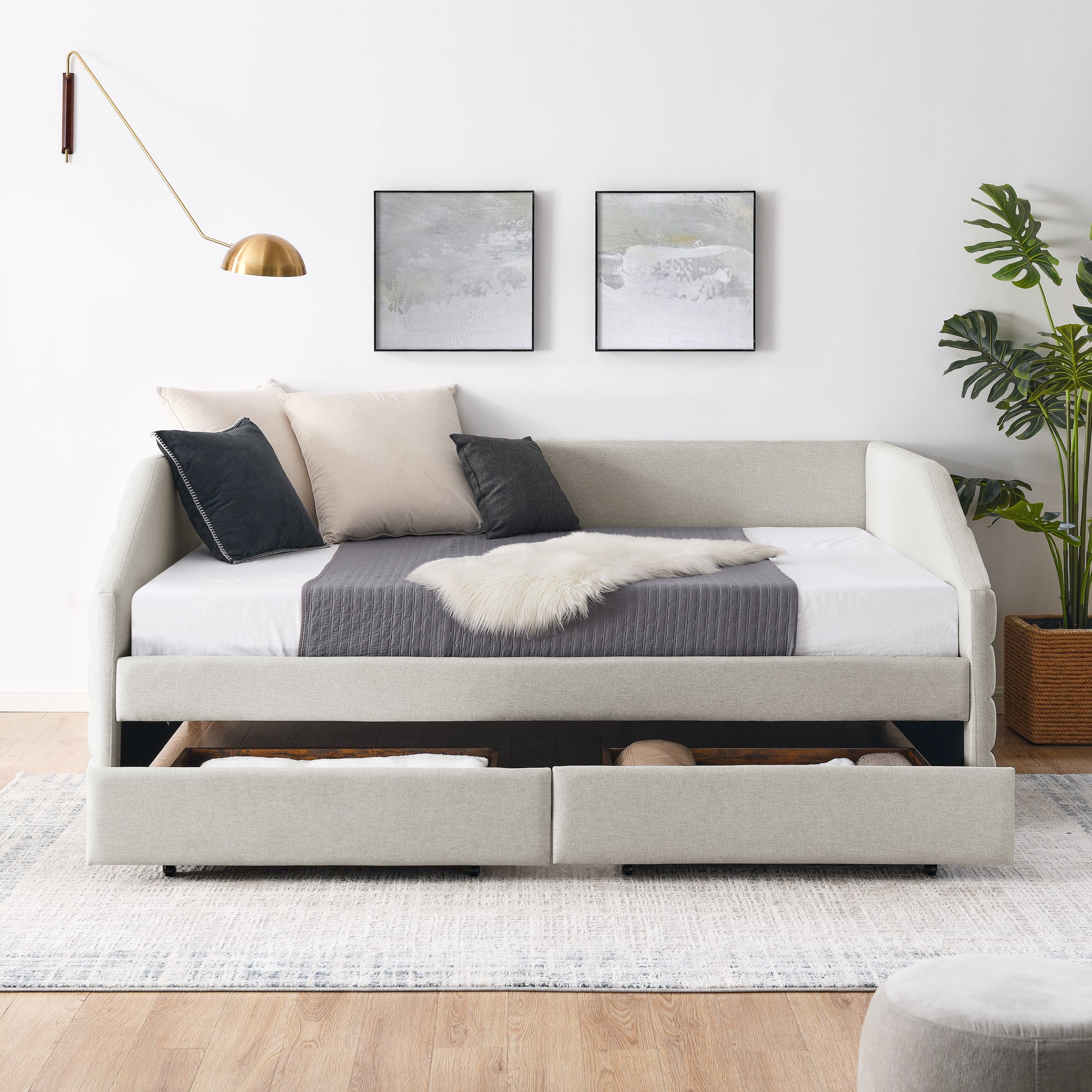 Queen Size Daybed with Drawers, Trundle, and Upholstered Tufted Sofa Bed in Beige LinenÂ 