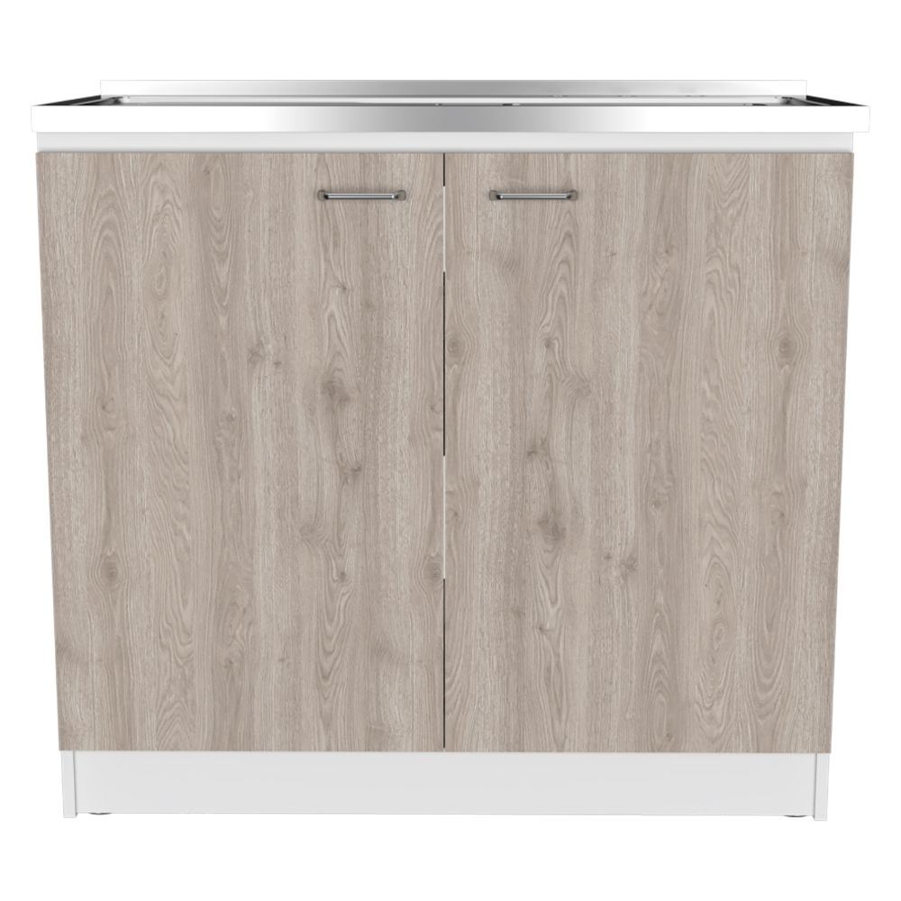 Napoles Utility Sink with Cabinet - Double Door Cabinet, One Shelf, Smokey Oak & Light Gray