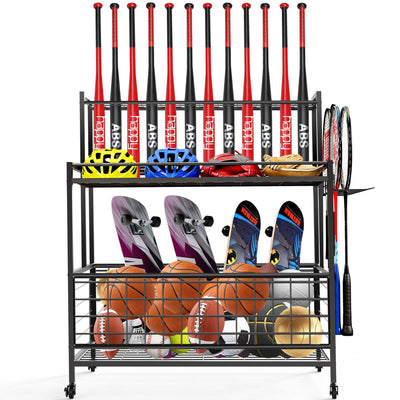 Sports Equipment Storage Box - Garage Ball Storage with Baseball Bat Holder, Accommodates 24 Bats, BlackÂ 