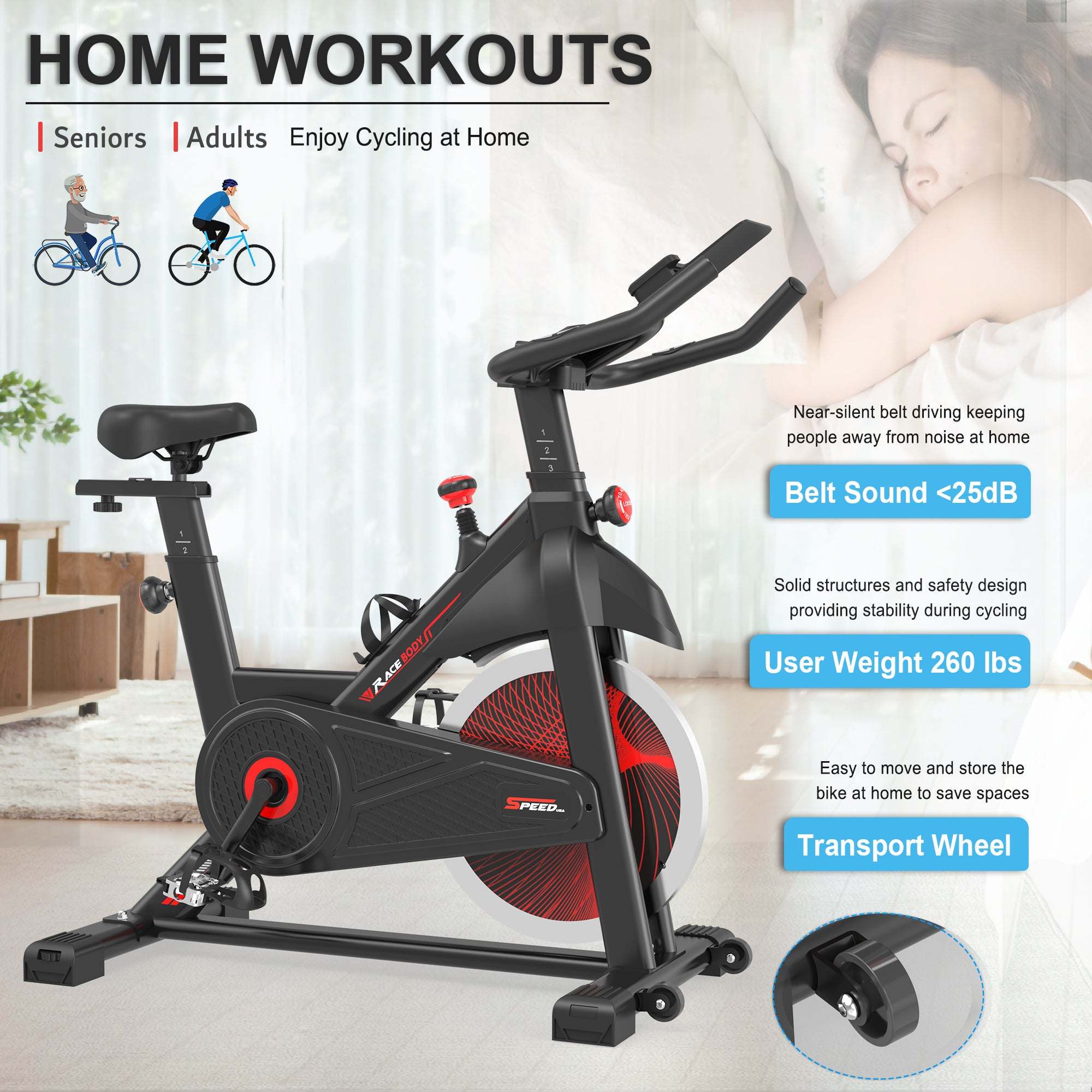 Indoor Cycling Exercise Bike - Stationary Home Gym Workout Fitness Bike with Comfortable CushionÂ 