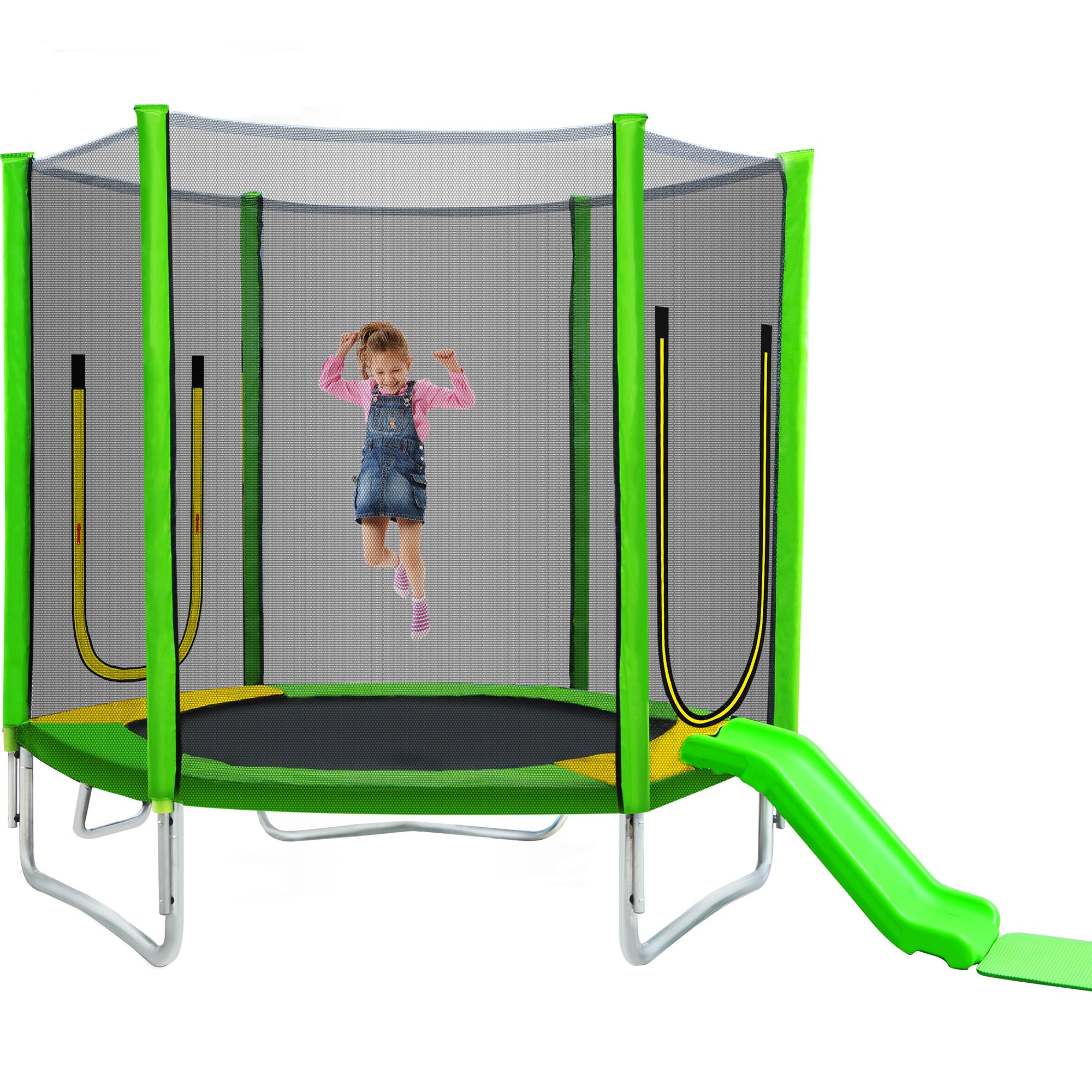 7FT Trampoline for Kids – Safety Enclosure Net, Slide and Ladder, Easy Assembly, Round Outdoor Recreational