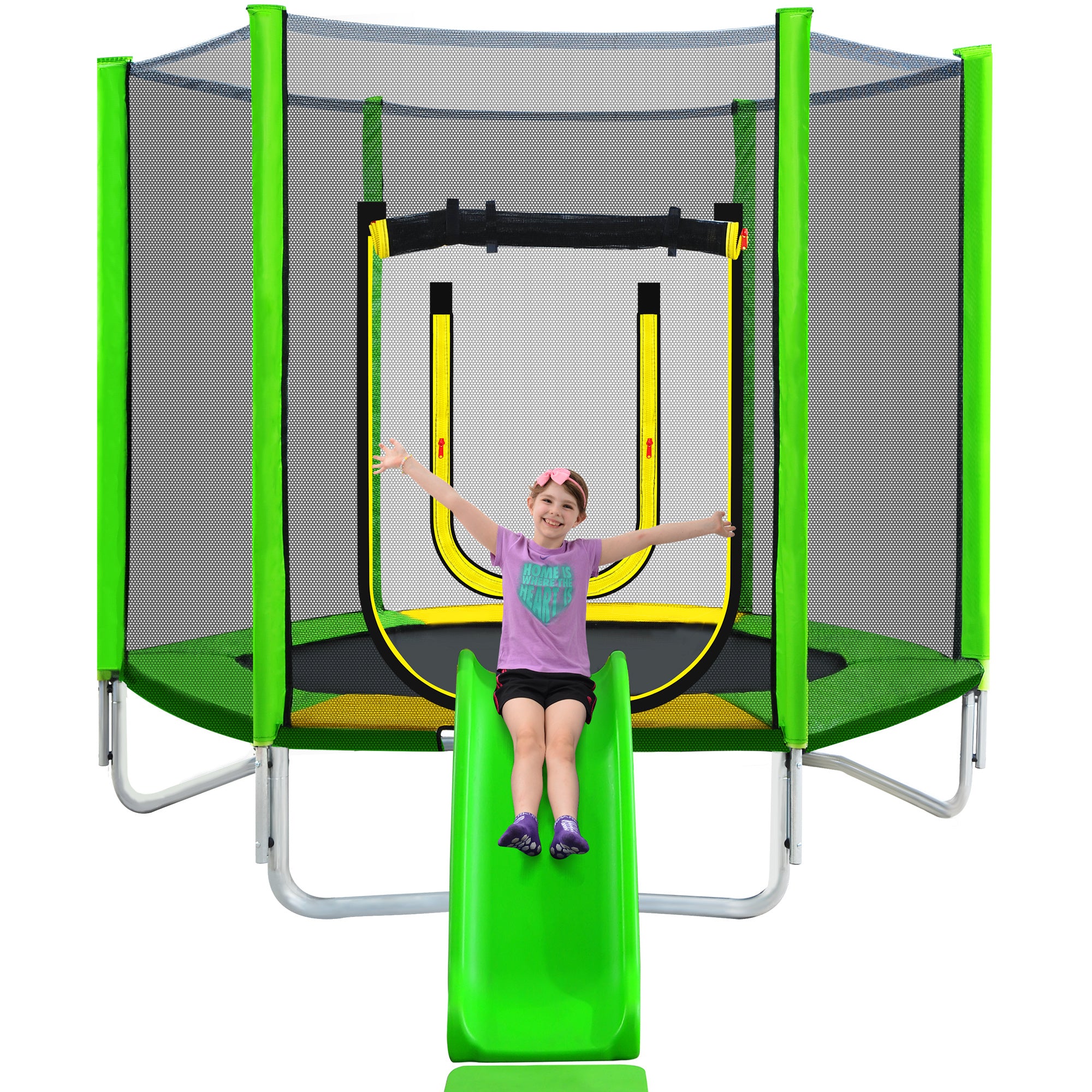 7FT Trampoline for Kids – Safety Enclosure Net, Slide and Ladder, Easy Assembly, Round Outdoor Recreational