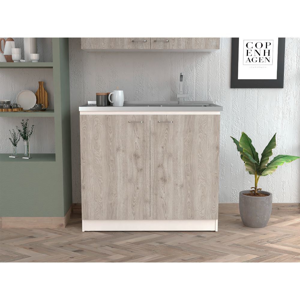 Napoles Utility Sink with Cabinet - Double Door Cabinet, One Shelf, Smokey Oak & Light Gray