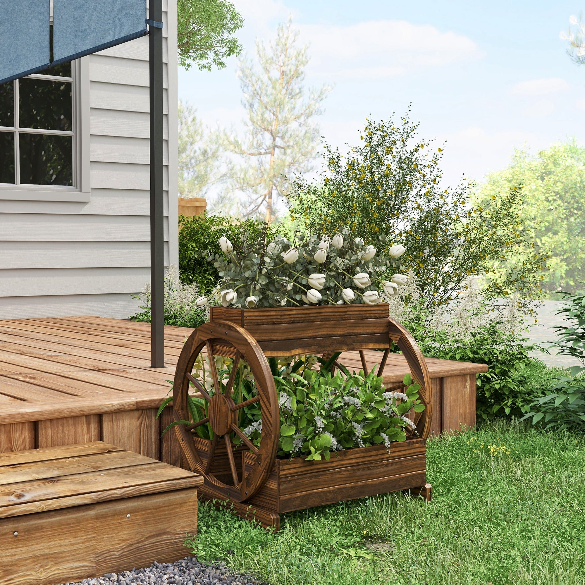 Outsunny 2-Tier Raised Garden Bed - Wooden Wagon Planter Boxes with Drainage Holes for Vegetables, Flowers, and Herbs (25" x 21" x 24")