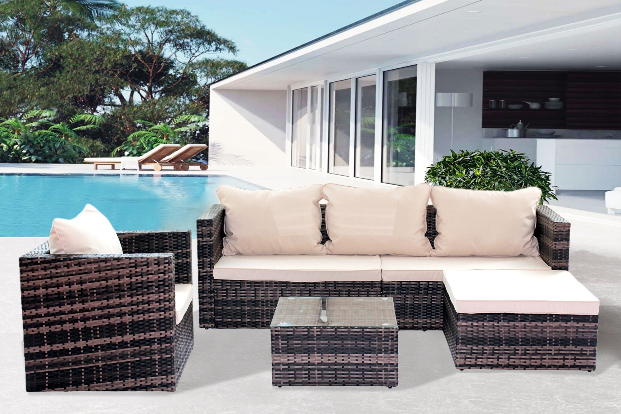 Rattan Patio Furniture Set – 4-Piece Wicker Sectional Sofa with Cushions for Garden and Patio, Brown