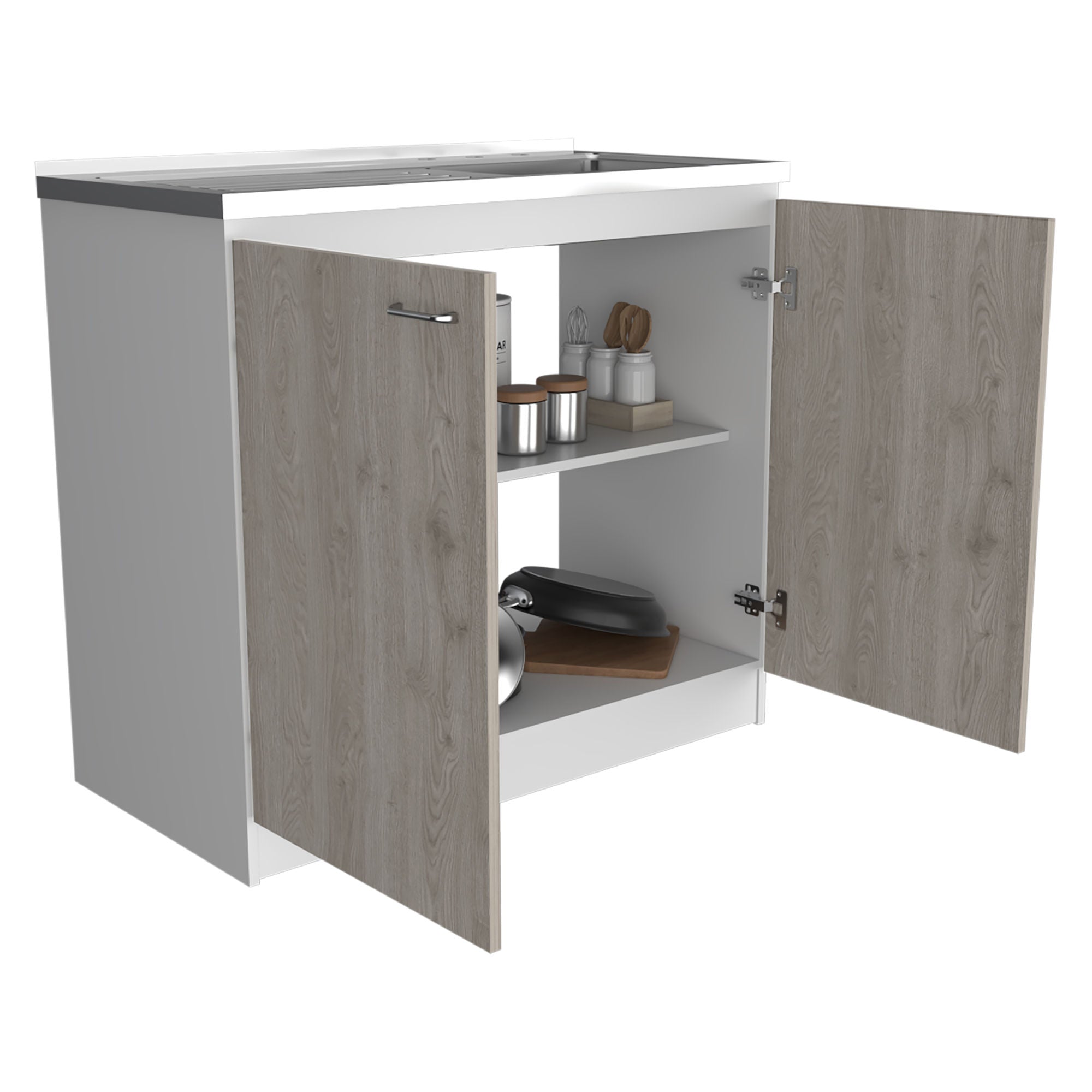 Napoles Utility Sink with Cabinet - Double Door Cabinet, One Shelf, Smokey Oak & Light Gray