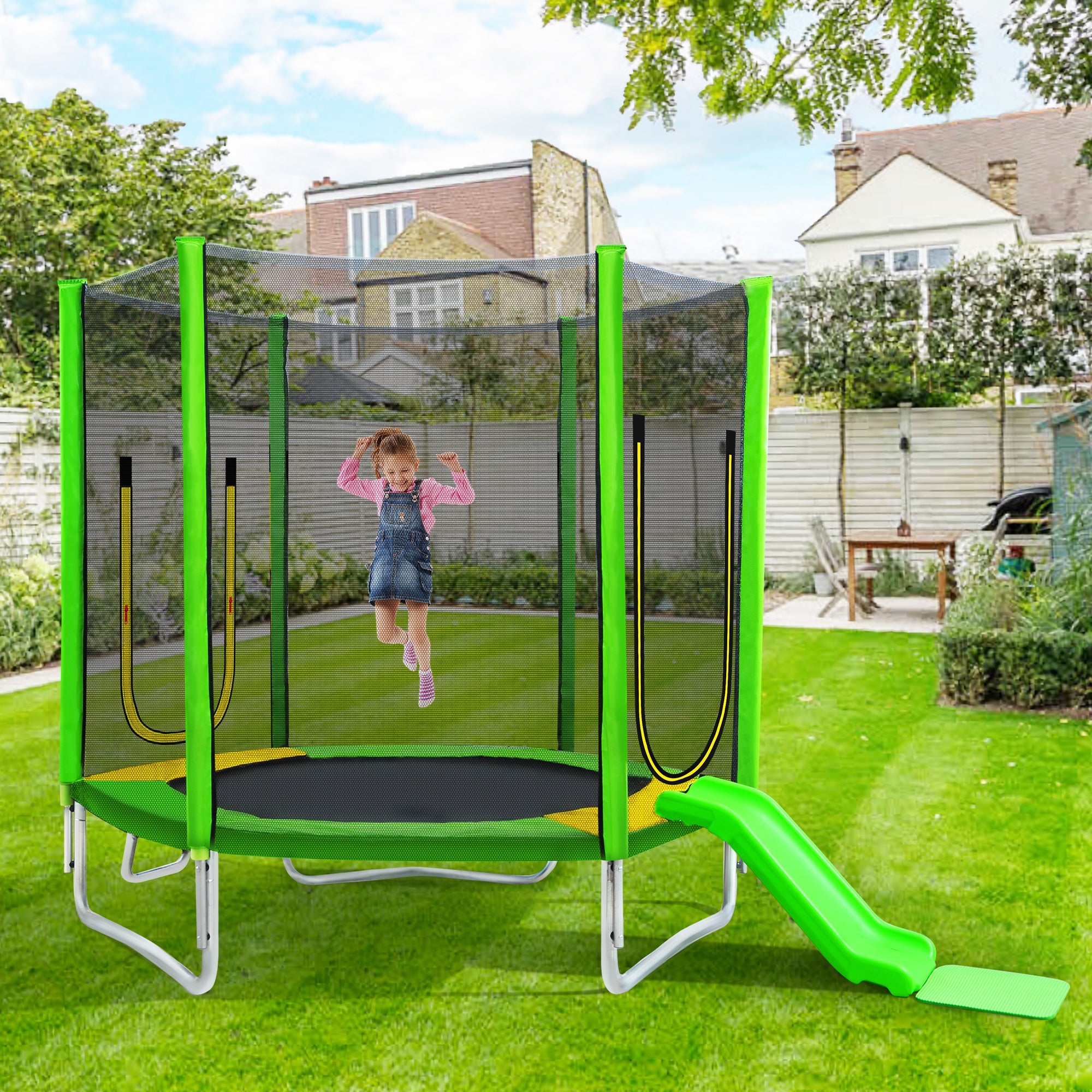 7FT Trampoline for Kids – Safety Enclosure Net, Slide and Ladder, Easy Assembly, Round Outdoor Recreational