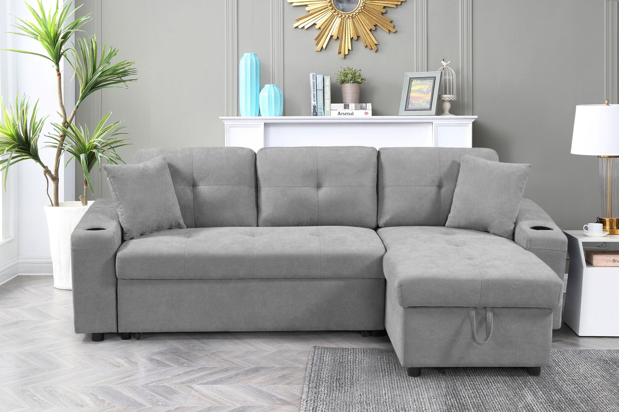 Convertible Corner Sofa with Armrest Storage – Living Room and Apartment Sectional Sofa, Right Chaise Longue, Grey