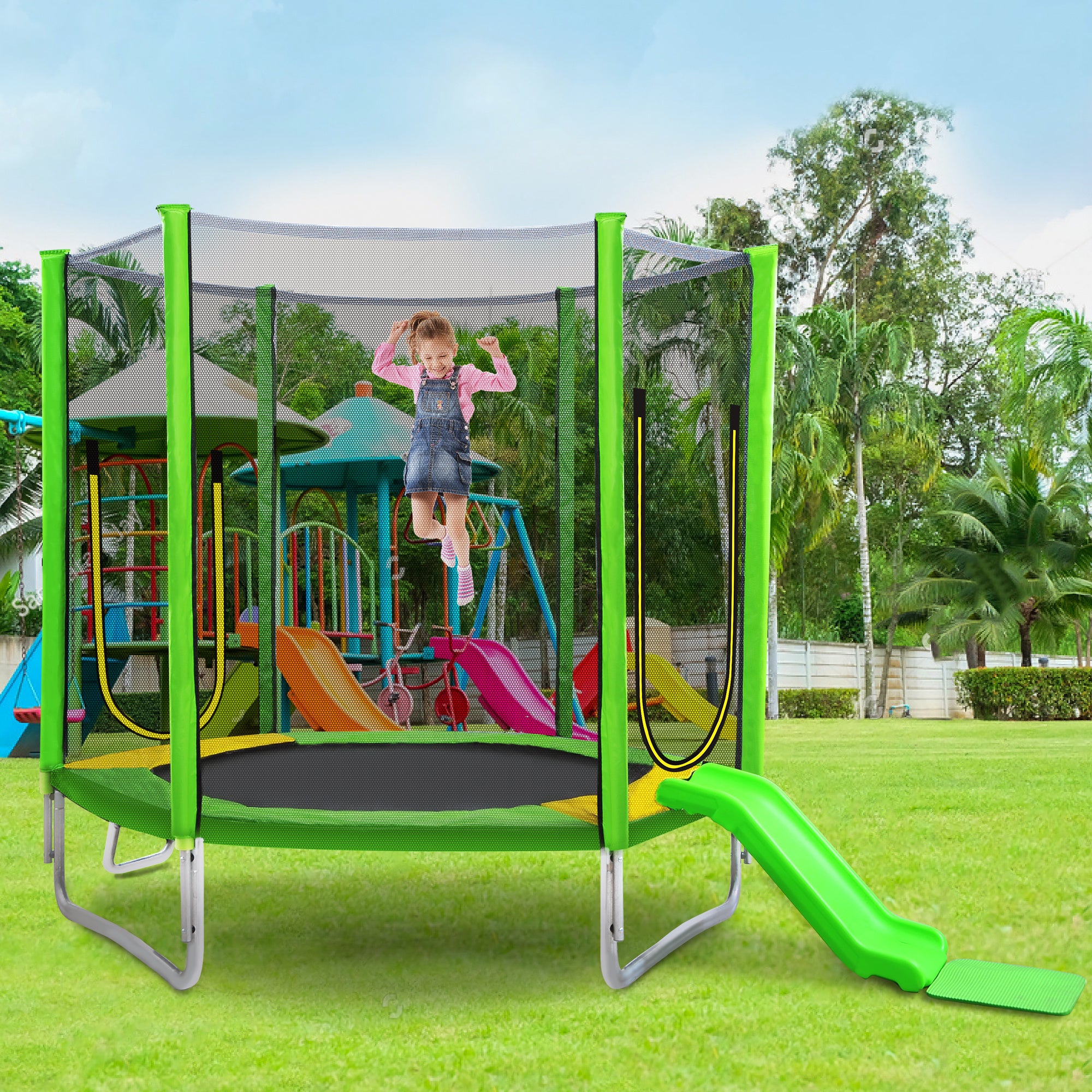 7FT Trampoline for Kids – Safety Enclosure Net, Slide and Ladder, Easy Assembly, Round Outdoor Recreational