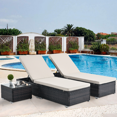 Outdoor Patio Chaise Lounge Chair - PE Rattan & Steel Frame with Adjustable Backrest and Removable Cushions, Set of 3Â 