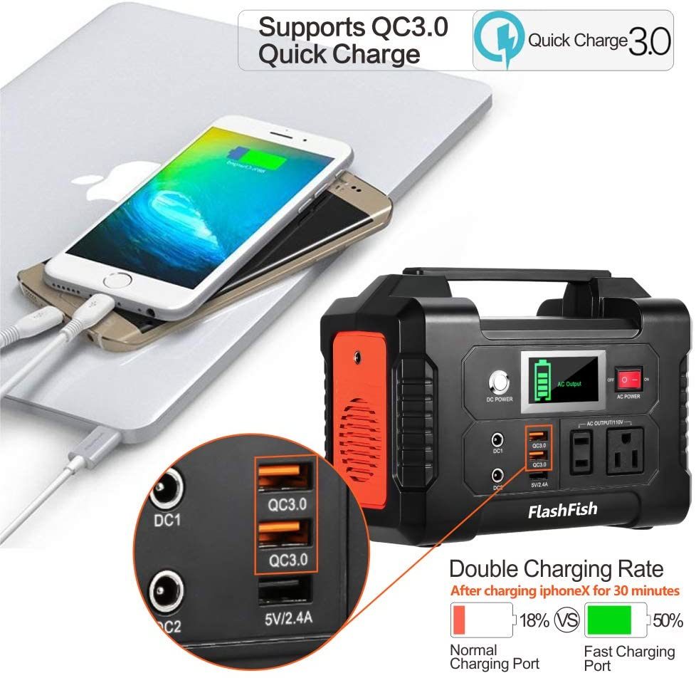 200W Portable Power Station â€“ FlashFish 40800mAh Solar Generator, 110V AC Outlet, 2 DC Ports, 3 USB Ports, Backup Battery PackÂ 