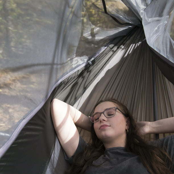 Nylon Mosquito Hammock with Attached Bug Net - 1 Person, Dark Gray and Black, Open Size 115" L x 59" W