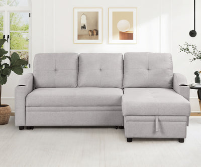 Pull Out Sofa Bed Modern Padded Upholstered Sofa Bed ; Linen Fabric 3 Seater Couch with Storage Chaise and Cup Holder ; Small Couch for Small SpacesÂ 