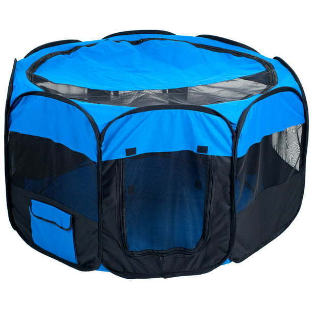 Pop Up Dog Playpen - Blue & Black, 42"L x 42"W x 25"H