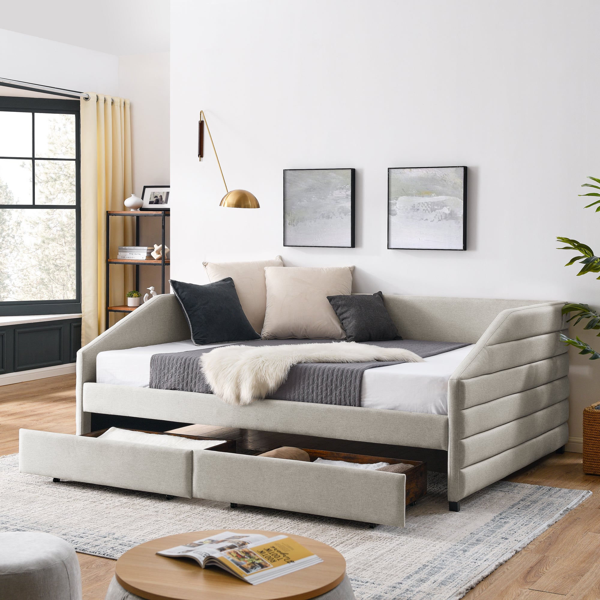 Queen Size Daybed with Drawers, Trundle, and Upholstered Tufted Sofa Bed in Beige LinenÂ 