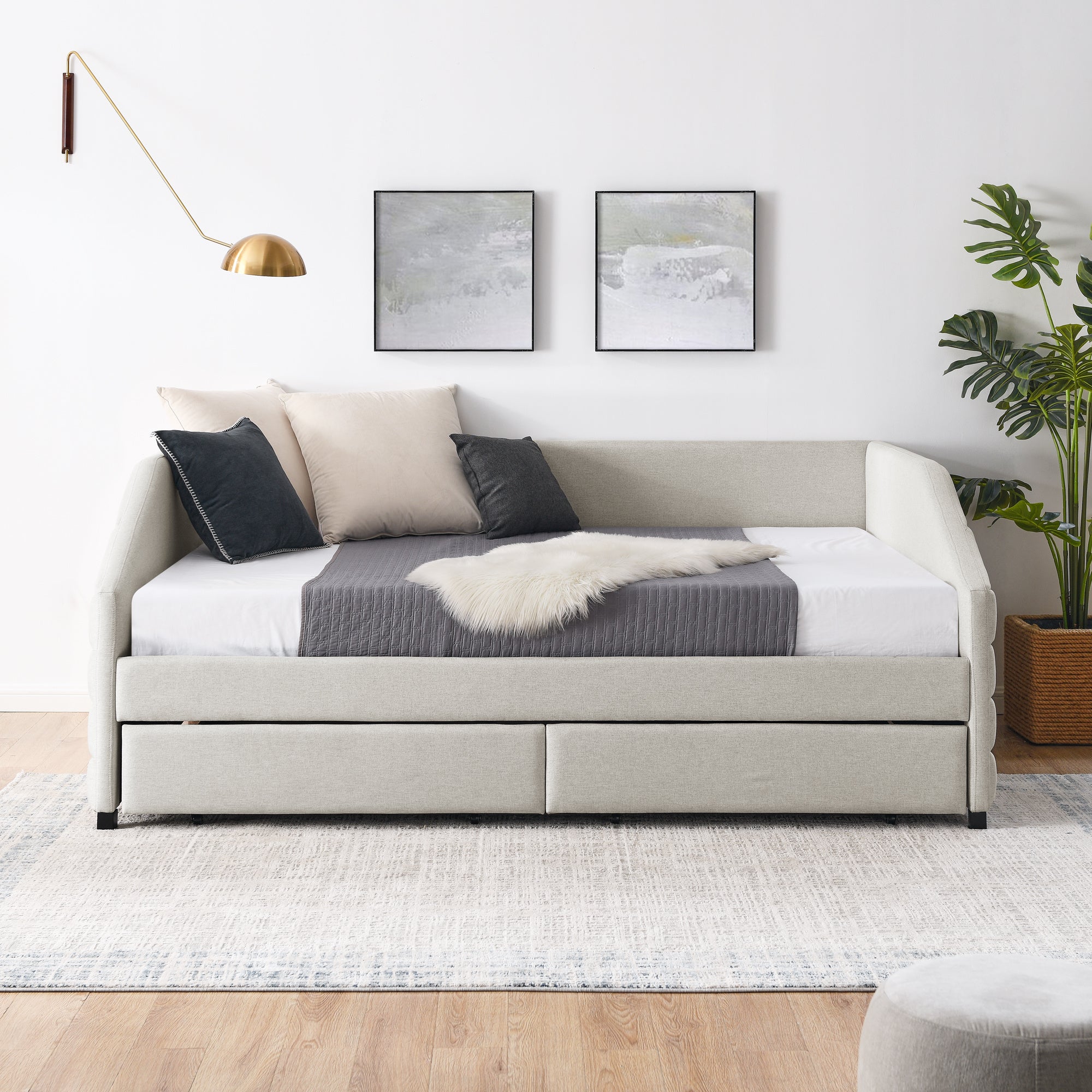 Queen Size Daybed with Drawers, Trundle, and Upholstered Tufted Sofa Bed in Beige LinenÂ 