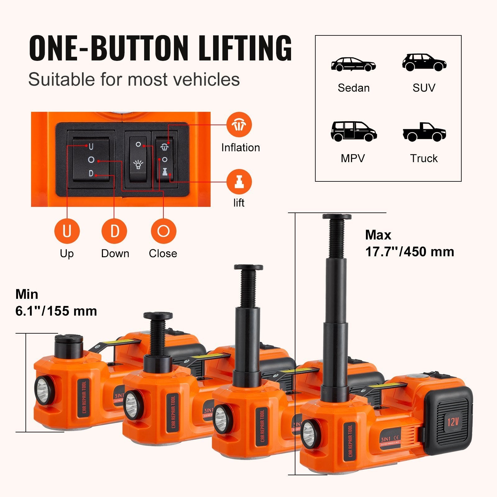 VEVOR Electric Car Jack – 5 Ton/11,023 LBS Hydraulic Jack with Built-in Inflatable Pump and LED Light, Portable Car Jack for SUV, MPV, Sedan, Truck, Tire Changes, Garage Repairs