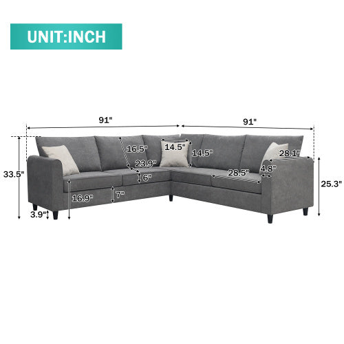 91x91" Modern Upholstered Living Room Sectional Sofa – L-Shaped Couch with 3 Pillows