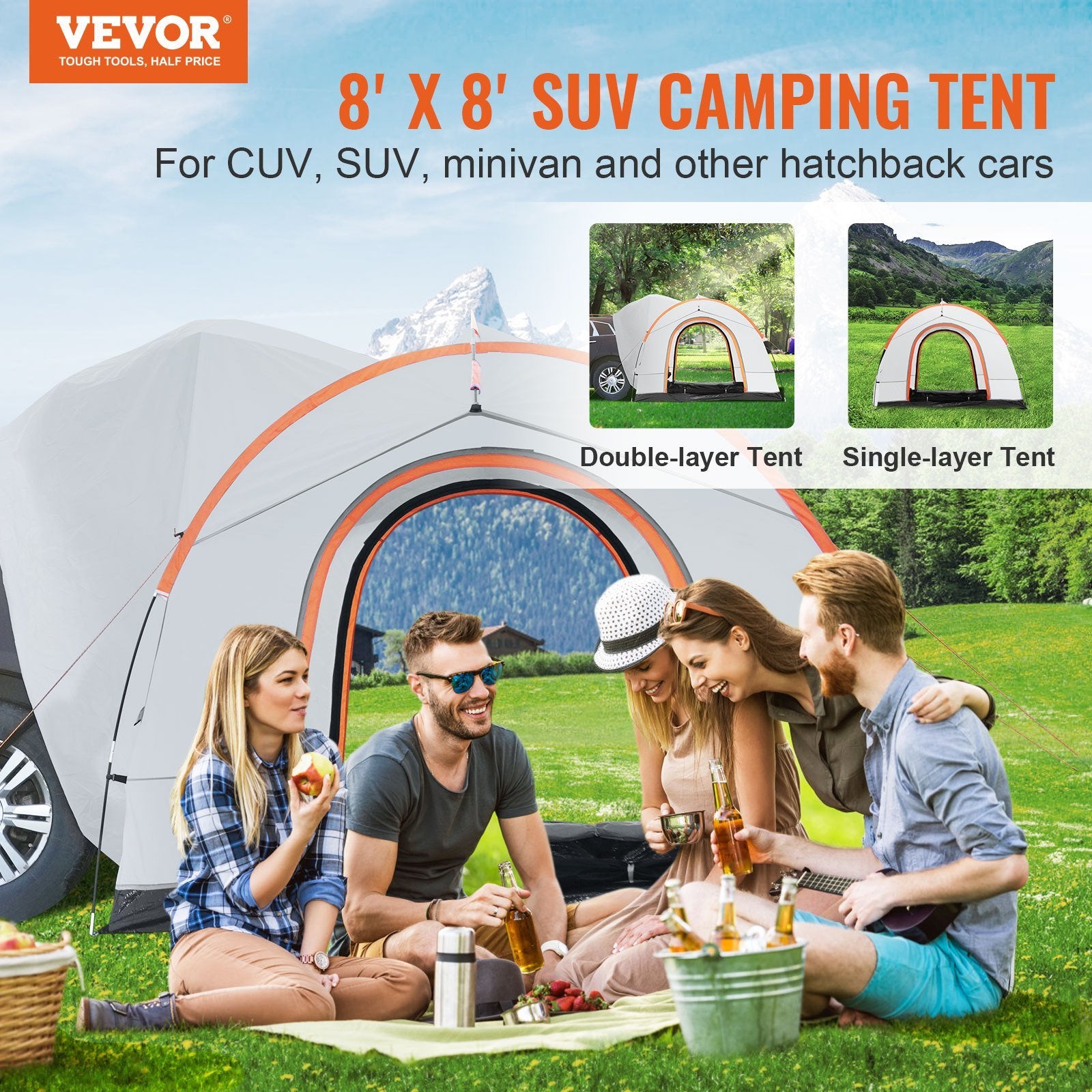 VEVOR SUV Camping Tent – 8'-8' Tent Attachment for SUV with Rain Layer and Carry Bag, PU2000mm Double Layer, Accommodates 6-8 People, Rear Tent for Van Hatch Tailgate