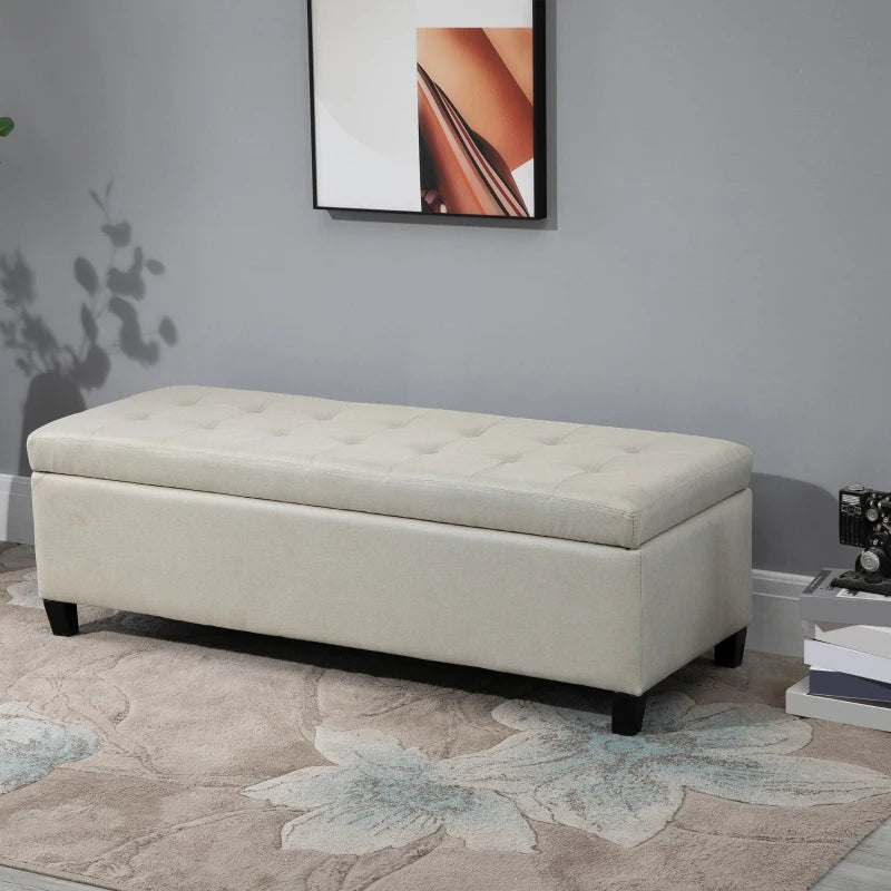 Rectangular Entry Bench, Tufted Upholstered Linen Fabric Wood Feet Storage Ottoman Bench, Beige