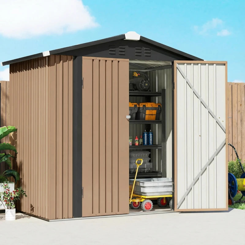 6.5' x 4'  Outdoor Storage Shed, Metal Garden Shed with Lockable Double Doors, 4 Vents, Brown
