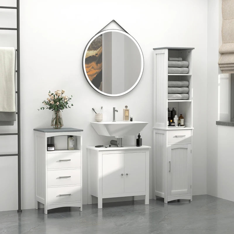 Tall Bathroom Storage Cabinet, Slim Bathroom Cabinet with 3 Tier Shelf, Drawer, Door, Freestanding Linen Tower, White