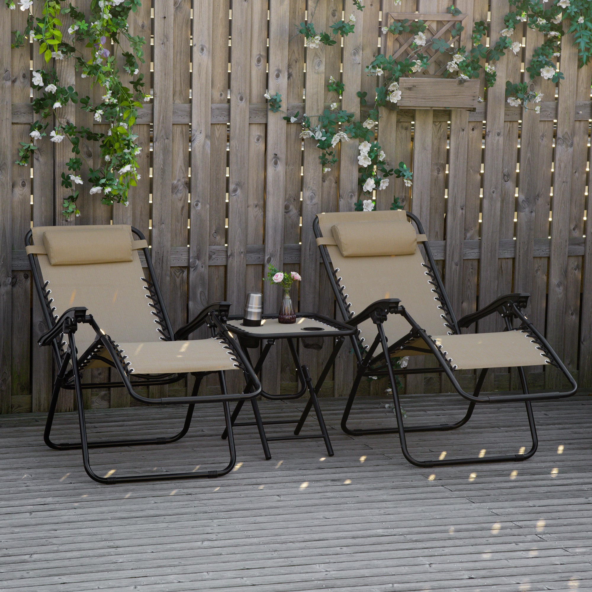 Outsunny Zero Gravity Chair Set of 2 Patio Chair with Side Table Cupholders and Pillows for Pool, Backyard, Lawn, Beige 