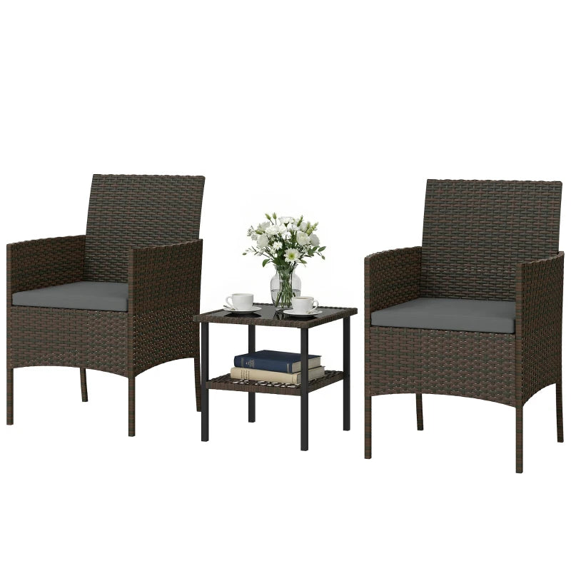 Wicker Bistro Set, 3 Piece Patio Furniture Set with 2-Tier Glass Top Table, Cushions for Balcony, Porch, Dark Grey