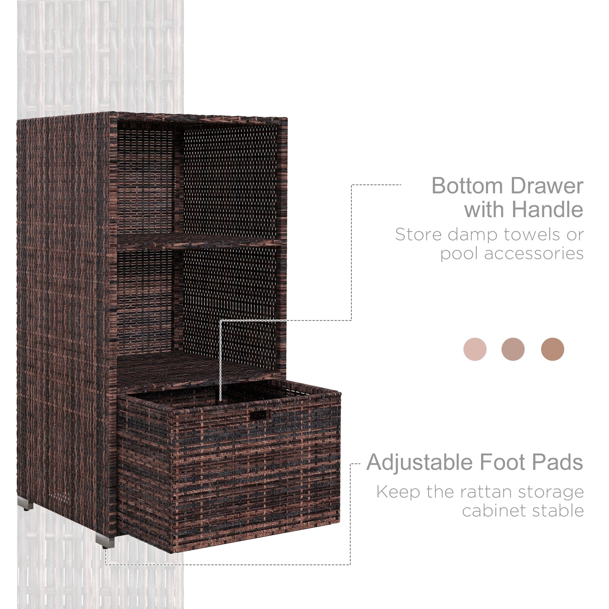 Outsunny Patio Storage Cabinet Rattan Wicker Outdoor Box Rack w/ 2 Shelf 1 Drawer Mixed Brown 
