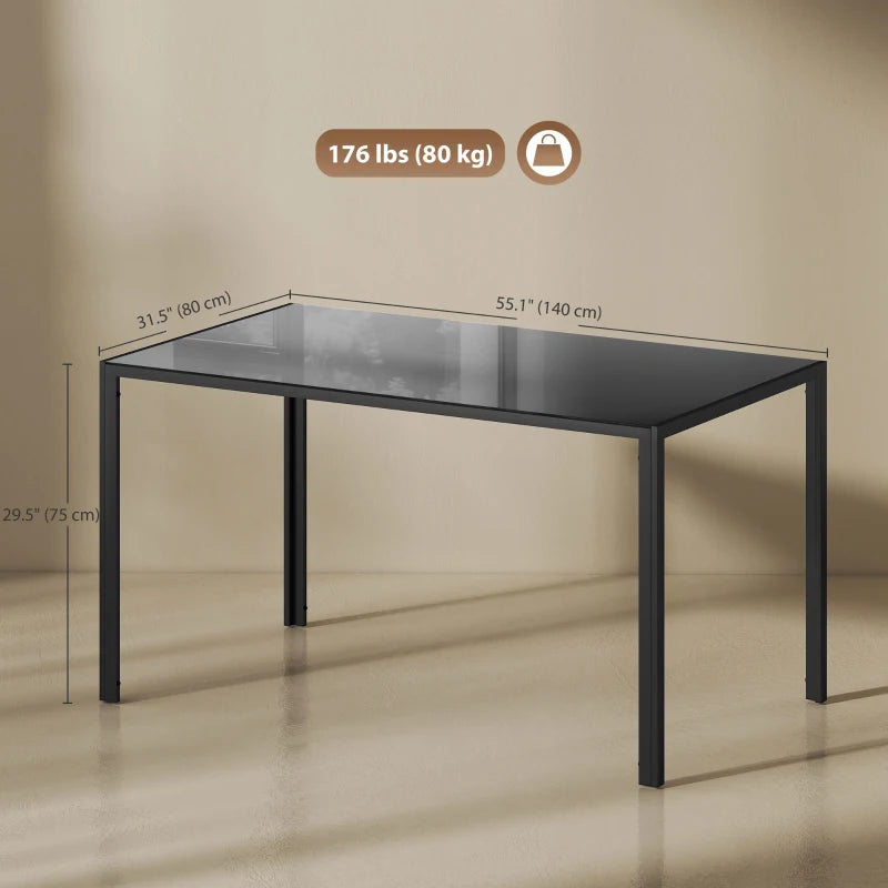 Rectangular Kitchen Table for 4 People, Dining Table with Tabletop Tempered Glass for Dining Room, Living Room, Black