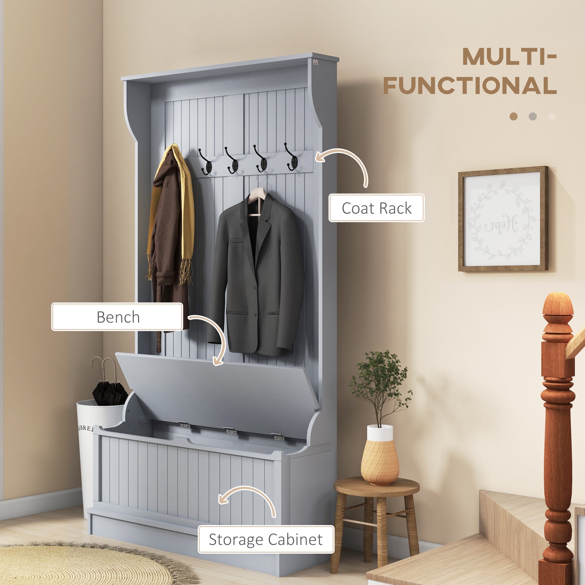 HOMCOM Modern 3-In-1 Entryway Hall Tree with Coat Rack, Bench and Shoe Storage, 5 Hooks for Hallway, Living Room, Grey 