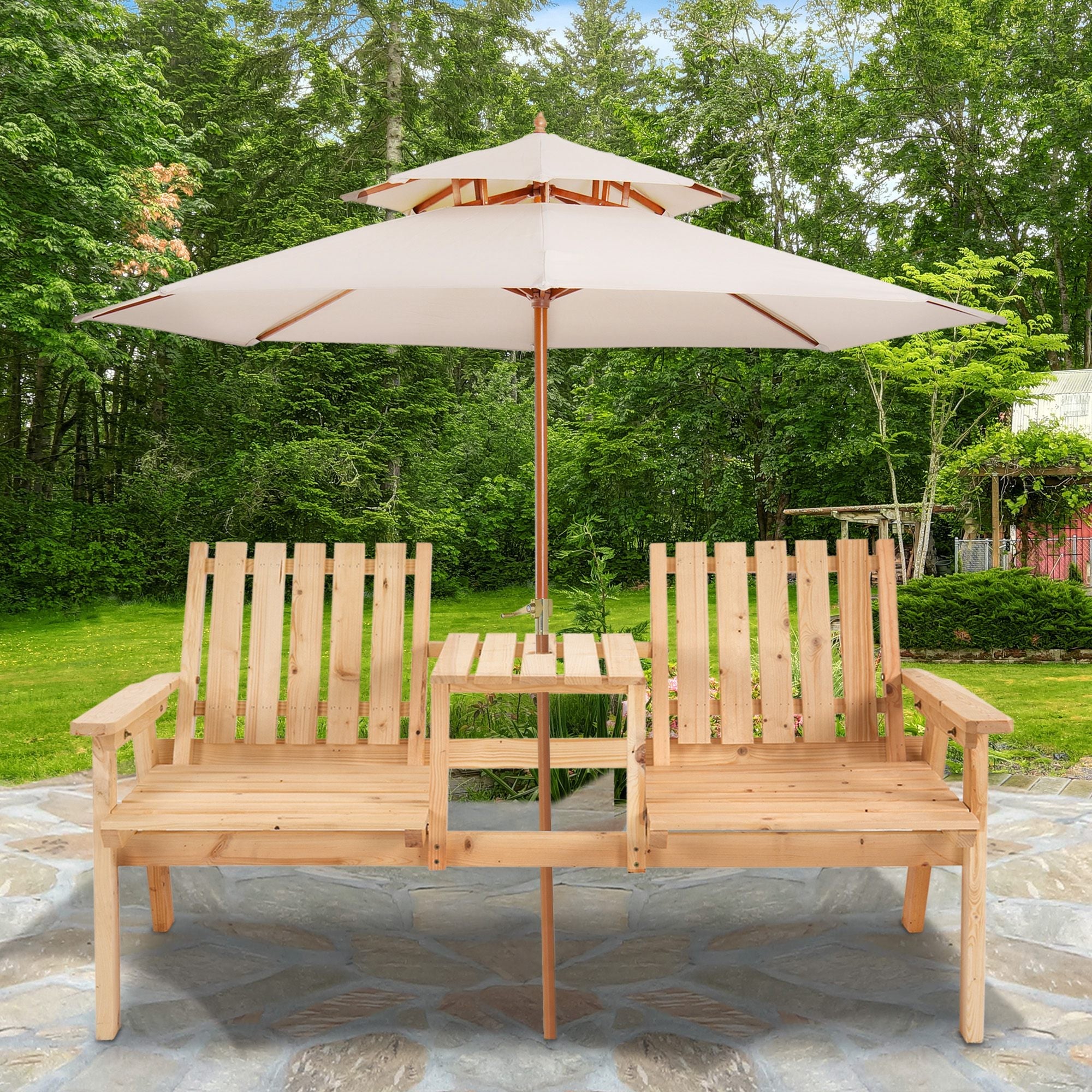 Outsunny Garden Bench for 2 Persons with Middle Table and Umbrella Hole, 2-Seater Outdoor Wooden Bench with Slat Design, Natural 