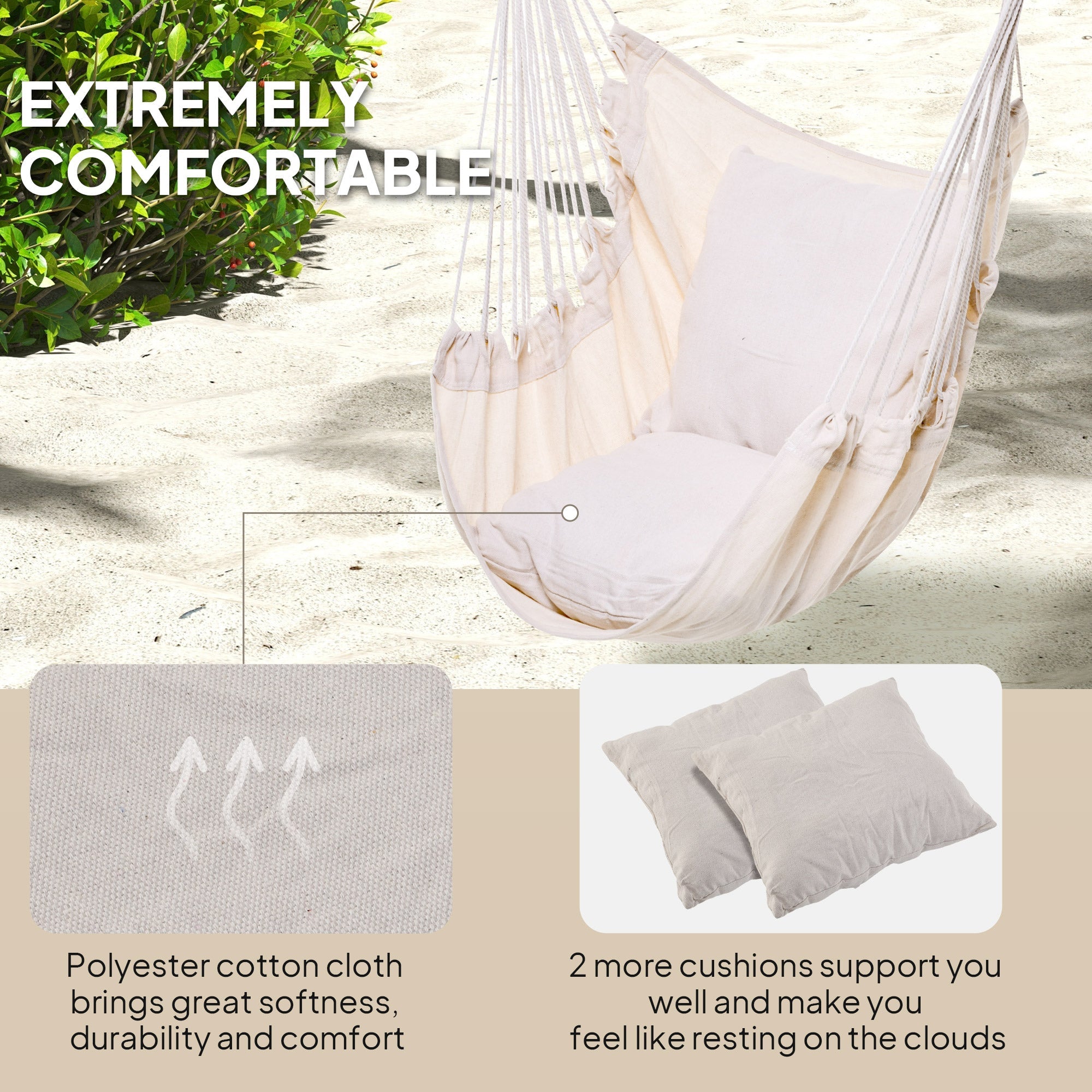 Outsunny Hammock Chair Swing Hanging Macrame Chair Cotton Two Soft Seat Cushions Bedroom Indoor Outdoor Ideal Gift Kids 