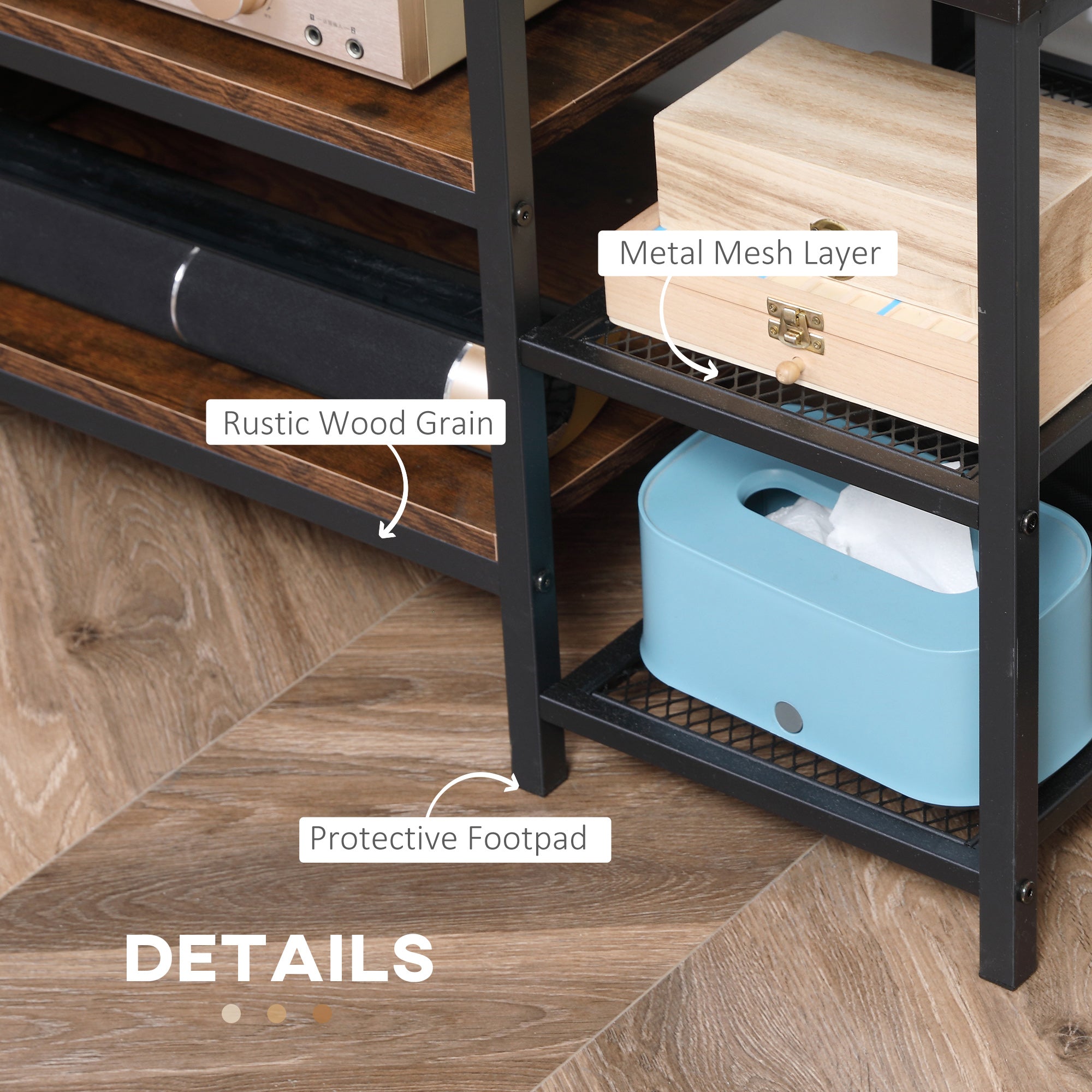HOMCOM Industrial Chic: Open Shelf TV Stand for 65" TVs, Steel Frame Media Console with Rustic Brown Finish 