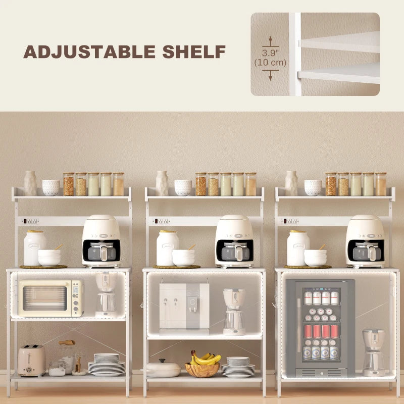 Kitchen Baker's Rack with Power Outlet, Coffee Bar Station with Adjustable Shelves and Hooks, Distressed White