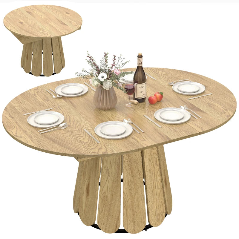 Extendable Dining Table, Round to Oval Convertible Kitchen Table with Storage Shelf for Dining Room, Natural