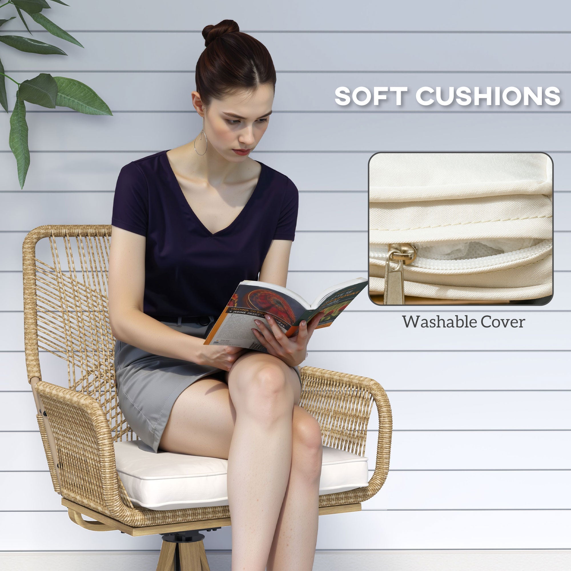 Outsunny Outdoor Swivel Dining Chairs Set of 2, Patio Rattan Chairs with Soft Cushions for Garden, Backyard, Poolside, Khaki 
