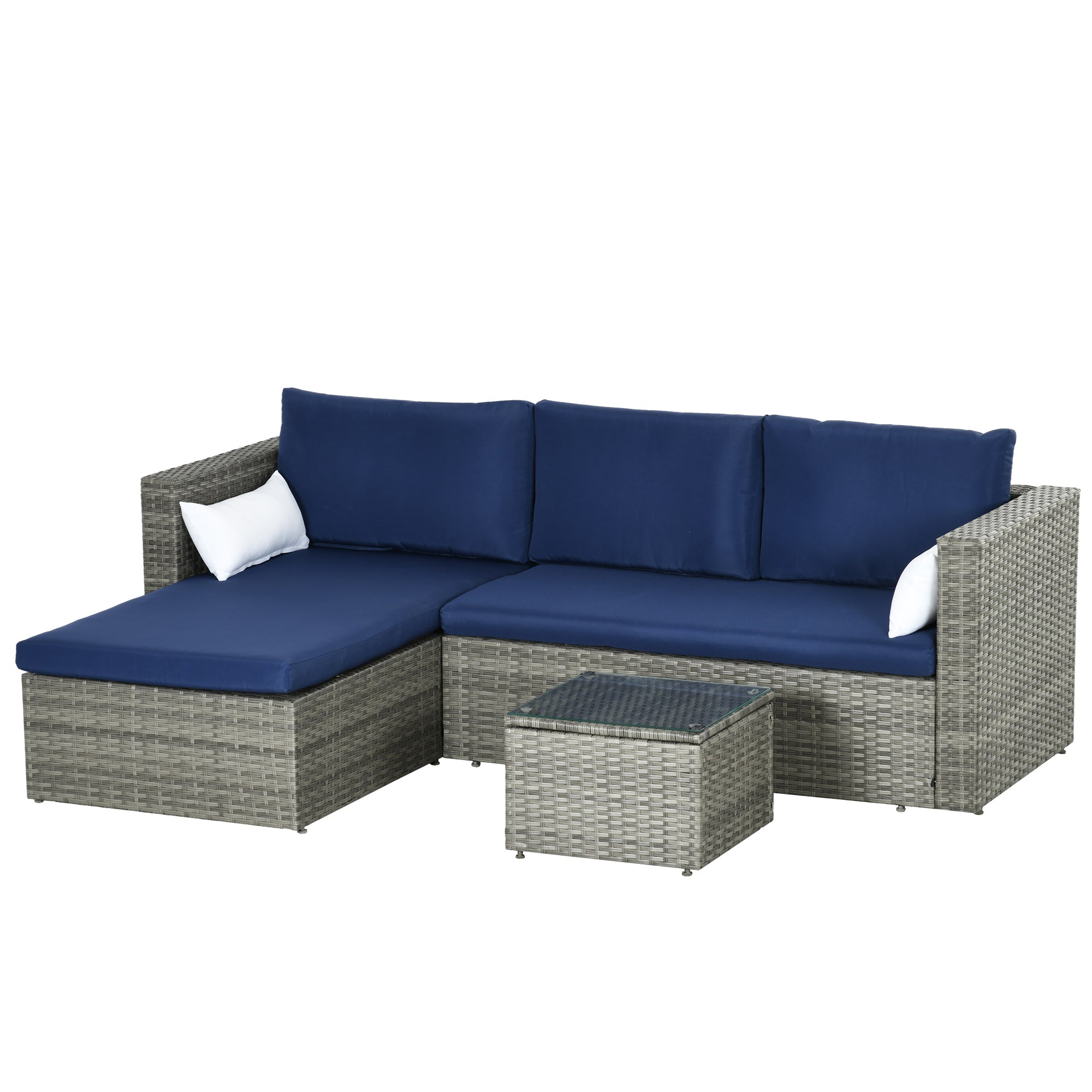 Outsunny Modern 3-Piece Rattan Sofa Set, Wicker Patio Furniture with Coffee Table, Cushions, Pillows for Outdoor 